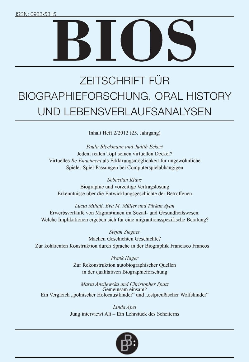 BIOS – Zeitschrift für Biographieforschung, Oral History und Lebensverlaufsanalysen 2-2012: Freie Beiträge