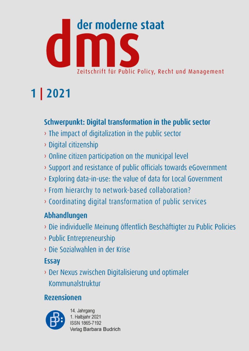 dms – der moderne staat – Zeitschrift für Public Policy, Recht und Management 1-2021: Digital transformation in the public sector: from design to impact